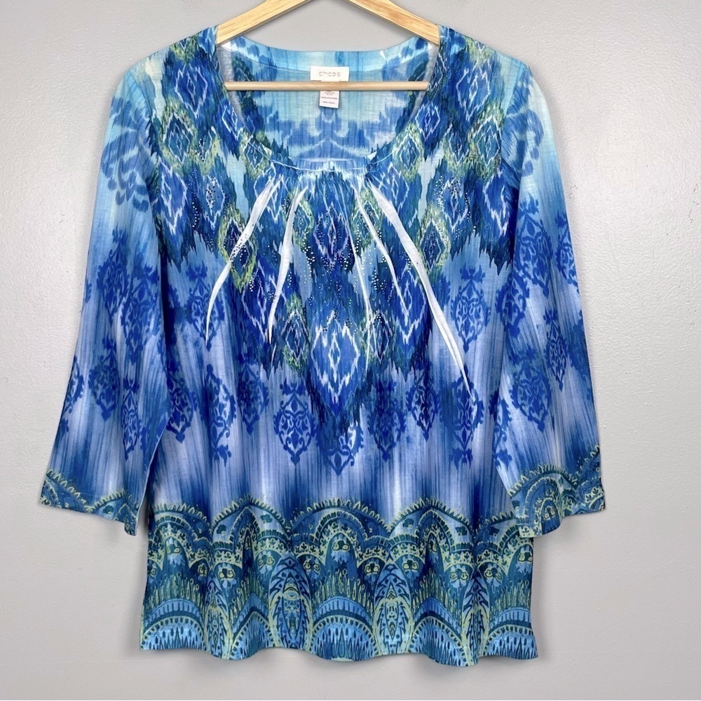 Chico’s blue embellished lightweight 3/4 sleeve blouse top, 2 = large.